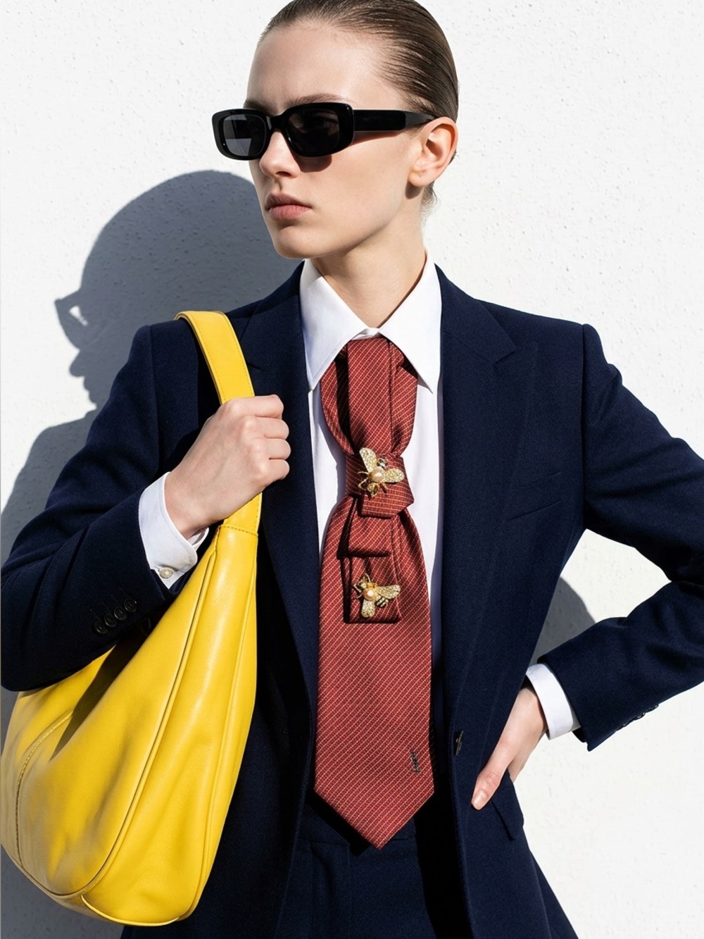 Yves Saint Laurent Red Patterned Silk Necktie with Gold Bee Pins